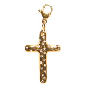 Pendentif breloque charm's pour bracelet et collier en forme de croix en acier doré sertie de strass. Accroche avec fermoir mousqueton.