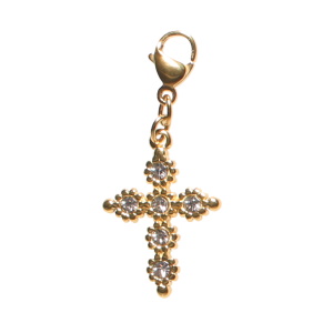 Pendentif breloque charm's pour bracelet et collier en forme de croix en acier doré sertie de strass. Accroche avec fermoir mousqueton.