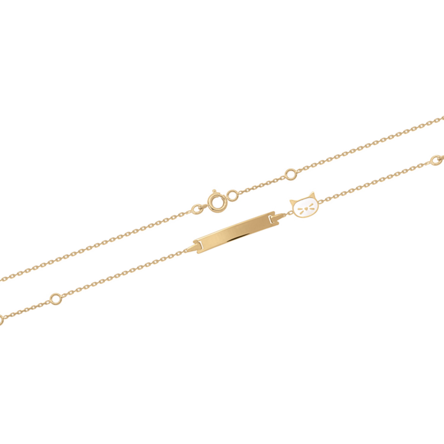 Bracelet gourmette pour enfants composé d'une chaîne en plaqué or jaune 18 carats et d'une tête de chat pavée d'émail blanc.<br/>Fermoir anneau ressort avec anneaux de rappel à 12.5 et 14.5 cm. Chat Adolescent Animaux Enfant Femme Fille Gravure Indémodable Bracelet gourmette pour enfants composé d'une chaîne en plaqué or jaune 18 carats et d'une tête de chat pavée d'émail blanc.<br/>Fermoir anneau ressort avec anneaux de rappel à 12.5 et 14.5 cm. Chat Adolescent Animaux Enfant Femme Fille Gravure Indémodable