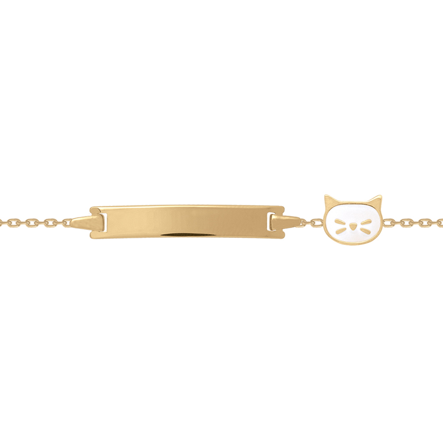 Bracelet gourmette pour enfants composé d'une chaîne en plaqué or jaune 18 carats et d'une tête de chat pavée d'émail blanc.<br/>Fermoir anneau ressort avec anneaux de rappel à 12.5 et 14.5 cm. Chat Adolescent Animaux Enfant Femme Fille Gravure Indémodable Bracelet gourmette pour enfants composé d'une chaîne en plaqué or jaune 18 carats et d'une tête de chat pavée d'émail blanc.<br/>Fermoir anneau ressort avec anneaux de rappel à 12.5 et 14.5 cm. Chat Adolescent Animaux Enfant Femme Fille Gravure Indémodable