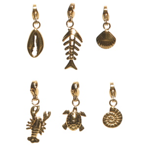 Lot de 6 breloques charm's en forme de coquillage escargot, tortue de mer, de homard, de coquillage cauri en acier doré. Concevez vos propres bijoux grâce à nos charm's. Ajoutez-les à vos bracelets ou colliers et apportez votre propre style et votre touche personnelle à vos bijoux.