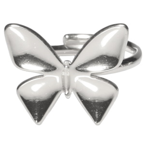 Bague en forme de papillon en acier argenté. Taille ajustable.