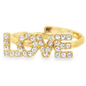 Exprimez votre affection avec cette bague bandeau en acier doré éclatant, ornée d'un mot LOVE scintillant. Chaque strass incolore, taillé en brillant rond, illumine la pièce d'un éclat inégalable. Un bijou idéal pour célébrer l'amour, à porter seul ou à combiner pour un style personnalisé. Taille ajustable.