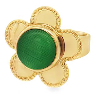 Cette bague cocktail en acier doré arbore un cabochon d'une pierre verte éclatante, taillé en forme ronde. Son design floral unique, avec ses pétales délicatement façonnés, en fait une pièce d'exception. La transparence translucide et le poli soigné de la pierre mettent en valeur son éclat naturel et sa symétrie parfaite. Un bijou audacieux qui ne manquera pas de faire sensation. Taille ajustable.