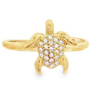 Arborez un charme délicat avec cette bague cocktail en acier doré, ornée d'un motif de tortue scintillante. Les strass ronds taillés en brillant captent la lumière, offrant un éclat exceptionnel. Cette pièce unique allie élégance et fantaisie, parfaite pour rehausser votre style avec une touche sophistiquée. Taille ajustable.