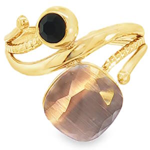 Découvrez l'élégance audacieuse de cette bague cocktail en acier doré, ornée d'un cristal noir taille cabochon. Un design captivant qui allie sophistication et caractère. La monture dorée met en valeur le cristal noir sombre, créant un contraste saisissant. Une pièce maîtresse pour sublimer votre style avec une touche d'originalité. Taille ajustable.