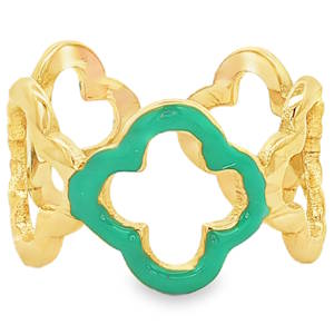 Cette bague audacieuse revisite les classiques avec une structure ajourée et géométrique. Conçue en acier inoxydable de haute qualité, elle allie la robustesse d'un métal durable à l'éclat précieux d'une finition dorée. Trois trèfles à quatre feuilles stylisés, soulignés par un émail turquoise vibrant, qui apportent une touche de fraîcheur et de modernité. Sa structure ouverte à l'arrière permet de l'ajuster facilement à la taille de votre doigt, garantissant un confort optimal tout au long de la journée.