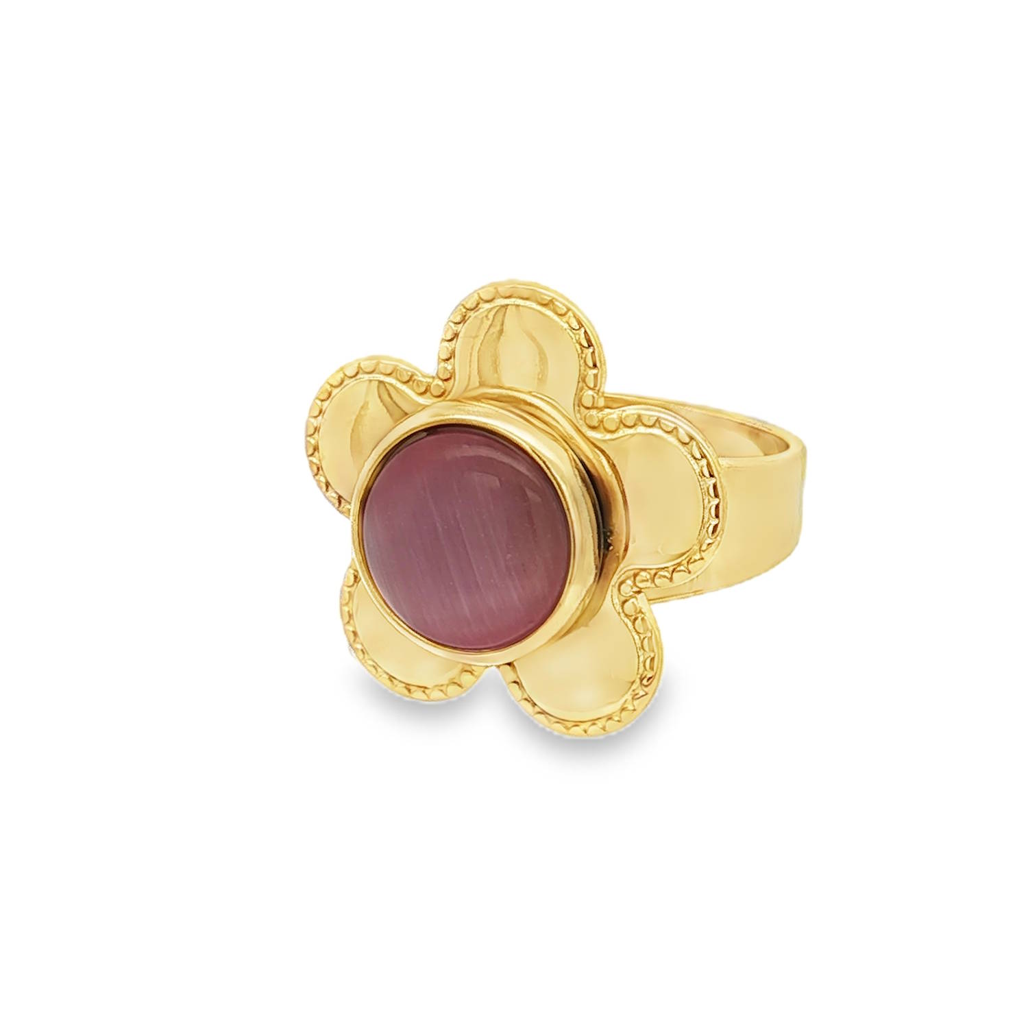 Exprimez votre style avec cette bague cocktail en acier doré, ornée d'une pierre rose taillée en cabochon rond.<br/>La pierre rose, d'un délicat rose rougeâtre-violet, apporte une touche de douceur et d'élégance.<br/>Un bijou idéal pour celles qui recherchent une pièce à la fois sophistiquée et pleine de charme.<br/>Taille ajustable. Rond Adolescent Adulte Femme Fille Fleurs Indémodable Nature Exprimez votre style avec cette bague cocktail en acier doré, ornée d'une pierre rose taillée en cabochon rond.<br/>La pierre rose, d'un délicat rose rougeâtre-violet, apporte une touche de douceur et d'élégance.<br/>Un bijou idéal pour celles qui recherchent une pièce à la fois sophistiquée et pleine de charme.<br/>Taille ajustable. Rond Adolescent Adulte Femme Fille Fleurs Indémodable Nature