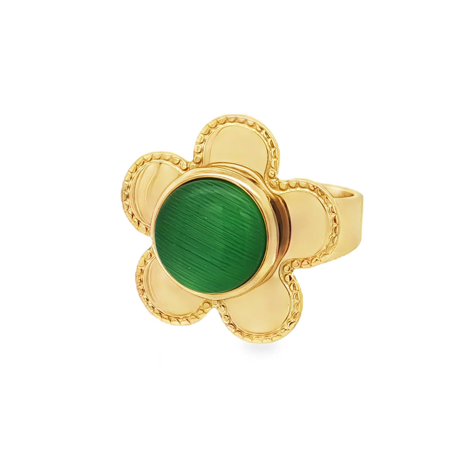 Cette bague cocktail en acier doré arbore un cabochon d'une pierre verte éclatante, taillé en forme ronde.<br/>Son design floral unique, avec ses pétales délicatement façonnés, en fait une pièce d'exception.<br/>La transparence translucide et le poli soigné de la pierre mettent en valeur son éclat naturel et sa symétrie parfaite.<br/>Un bijou audacieux qui ne manquera pas de faire sensation.<br/>Taille ajustable. Rond Adolescent Adulte Femme Fille Fleurs Indémodable Nature Cette bague cocktail en acier doré arbore un cabochon d'une pierre verte éclatante, taillé en forme ronde.<br/>Son design floral unique, avec ses pétales délicatement façonnés, en fait une pièce d'exception.<br/>La transparence translucide et le poli soigné de la pierre mettent en valeur son éclat naturel et sa symétrie parfaite.<br/>Un bijou audacieux qui ne manquera pas de faire sensation.<br/>Taille ajustable. Rond Adolescent Adulte Femme Fille Fleurs Indémodable Nature