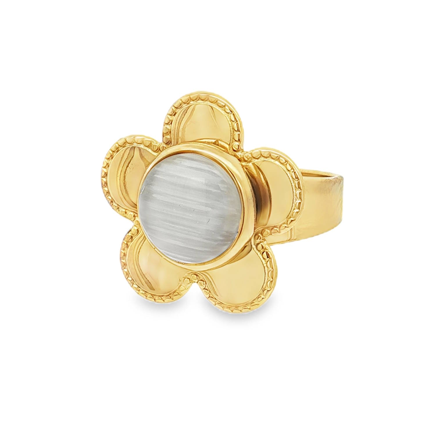 Cette bague cocktail en acier doré révèle une esthétique florale charmante.<br/>Au centre, une pierre cabochon, captivant le regard par son éclat unique.<br/>Une fusion parfaite d'élégance et de design contemporain. Parfaite pour ajouter une touche de sophistication à votre style.<br/>Taille ajustable. Rond Adolescent Adulte Femme Fille Fleurs Indémodable Nature Cette bague cocktail en acier doré révèle une esthétique florale charmante.<br/>Au centre, une pierre cabochon, captivant le regard par son éclat unique.<br/>Une fusion parfaite d'élégance et de design contemporain. Parfaite pour ajouter une touche de sophistication à votre style.<br/>Taille ajustable. Rond Adolescent Adulte Femme Fille Fleurs Indémodable Nature