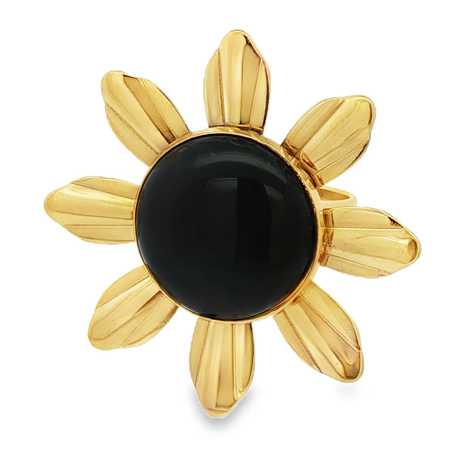 Cette bague cocktail en acier doré est ornée d'une pierre noire de taille cabochon.<br/>L'éclat chaleureux du doré met en valeur le caractère mystérieux de la pierre.<br/>Un bijou audacieux qui habillera votre main avec élégance. Un anneau rayonnant, prêt à vous faire briller en toute occasion.<br/>Taille ajustable. Rond Adolescent Adulte Femme Fille Fleurs Indémodable Nature Cette bague cocktail en acier doré est ornée d'une pierre noire de taille cabochon.<br/>L'éclat chaleureux du doré met en valeur le caractère mystérieux de la pierre.<br/>Un bijou audacieux qui habillera votre main avec élégance. Un anneau rayonnant, prêt à vous faire briller en toute occasion.<br/>Taille ajustable. Rond Adolescent Adulte Femme Fille Fleurs Indémodable Nature
