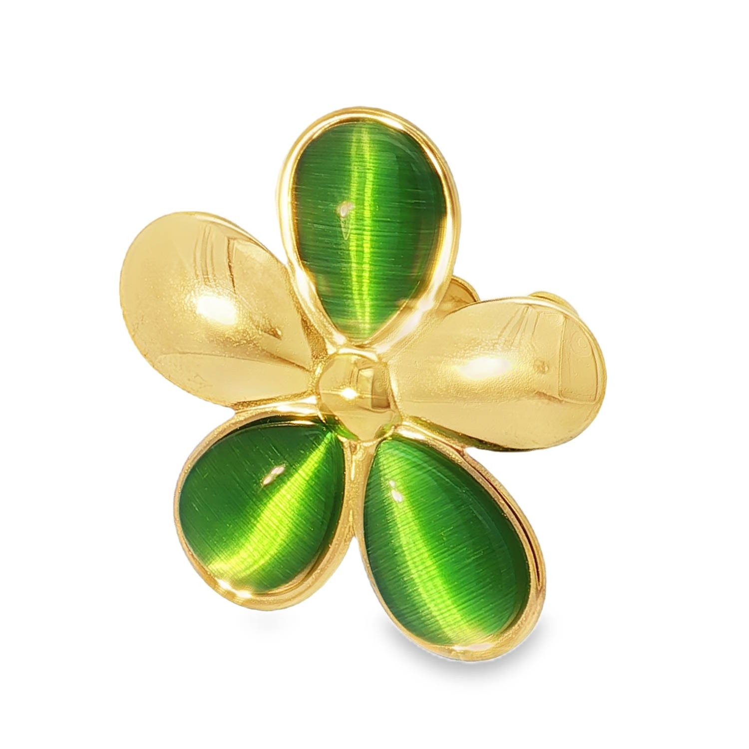 Sublime bague en acier doré, ornée d'un cabochon de chatoyante pierre verte.<br/>Son design floral apportera une touche d'élégance et de raffinement à votre tenue. Un bijou intemporel, parfait pour sublimer votre style avec une note de mystère et de couleur.<br/>Ses reflets lumineux captivent le regard et en font un accessoire unique.<br/>Taille ajustable. Rond Adolescent Adulte Femme Fille Fleurs Indémodable Nature Sublime bague en acier doré, ornée d'un cabochon de chatoyante pierre verte.<br/>Son design floral apportera une touche d'élégance et de raffinement à votre tenue. Un bijou intemporel, parfait pour sublimer votre style avec une note de mystère et de couleur.<br/>Ses reflets lumineux captivent le regard et en font un accessoire unique.<br/>Taille ajustable. Rond Adolescent Adulte Femme Fille Fleurs Indémodable Nature