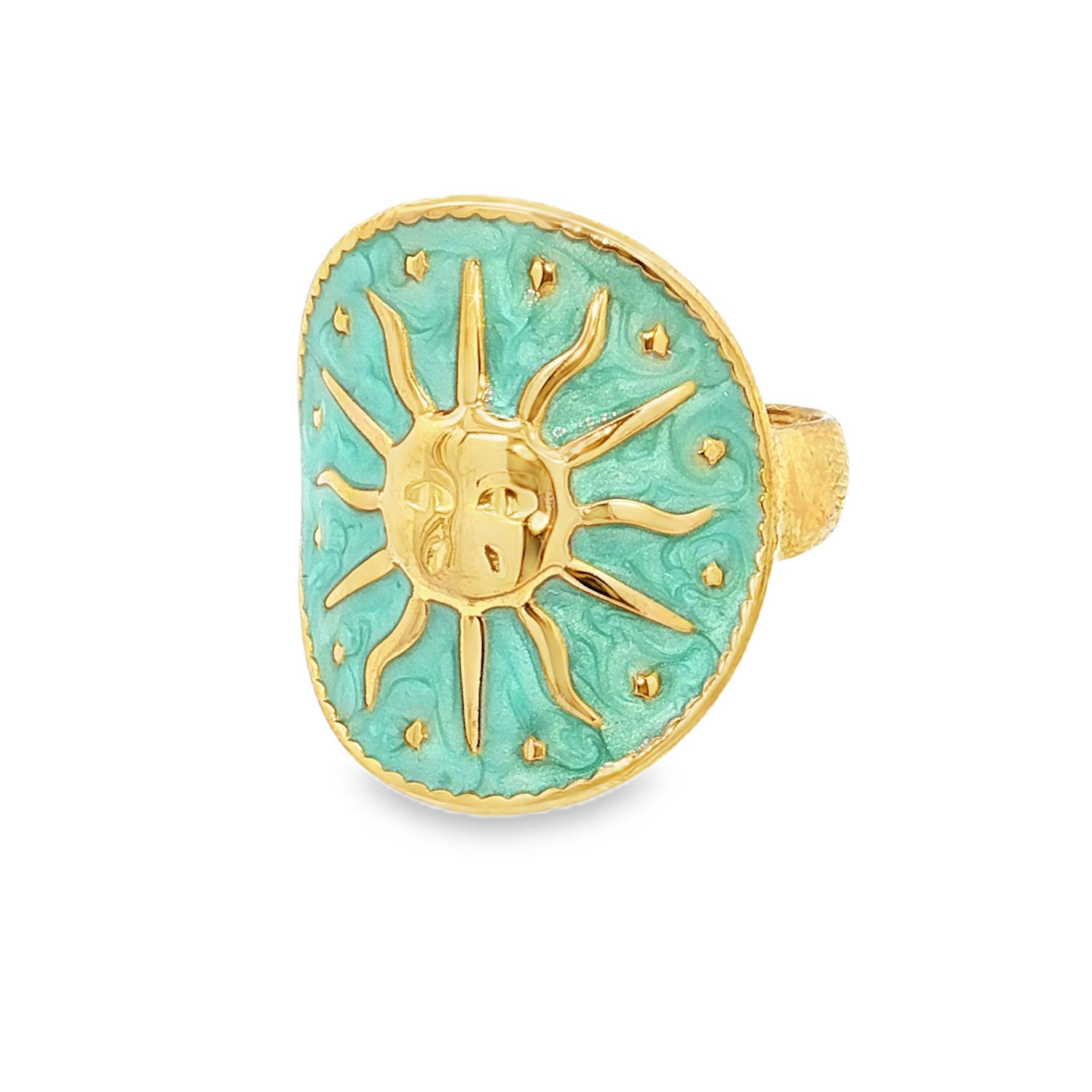 Cette bague en acier inoxydable doré est une véritable pièce d'affirmation, mêlant un style vintage à une esthétique céleste très tendance.<br/>Le plateau imposant de la bague arbore un motif de soleil rayonnant avec un visage délicatement gravé, évoquant les tarots anciens ou les bijoux mystiques. Les rayons alternent entre des formes droites et ondulées pour donner une impression de mouvement et de vie.<br/>L'acier est d'un doré chaud et brillant qui sublime le fond en émail bleu turquoise.<br/>Sa structure ouverte à l'arrière permet de l'ajuster facilement à la taille de votre doigt, garantissant un confort optimal tout au long de la journée. Ovale Soleil Adolescent Adulte Eté Femme Fille Nature Personnage Printemps Cette bague en acier inoxydable doré est une véritable pièce d'affirmation, mêlant un style vintage à une esthétique céleste très tendance.<br/>Le plateau imposant de la bague arbore un motif de soleil rayonnant avec un visage délicatement gravé, évoquant les tarots anciens ou les bijoux mystiques. Les rayons alternent entre des formes droites et ondulées pour donner une impression de mouvement et de vie.<br/>L'acier est d'un doré chaud et brillant qui sublime le fond en émail bleu turquoise.<br/>Sa structure ouverte à l'arrière permet de l'ajuster facilement à la taille de votre doigt, garantissant un confort optimal tout au long de la journée. Ovale Soleil Adolescent Adulte Eté Femme Fille Nature Personnage Printemps