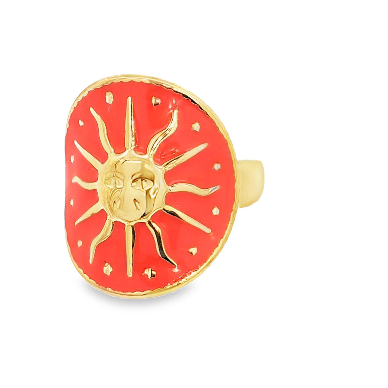 Cette bague en acier inoxydable doré est une pièce d'inspiration bohème et céleste, parfaite pour apporter une touche de lumière et de caractère à votre main.<br/>La bague met en scène un soleil anthropomorphe (avec un visage) en relief, rappelant les gravures anciennes ou les cartes de tarot.<br/>Le contraste est marqué par un fond en émail orange vif éclatant, qui fait ressortir l'éclat de l'acier doré.<br/>Sa structure ouverte à l'arrière permet de l'ajuster facilement à la taille de votre doigt, garantissant un confort optimal tout au long de la journée. Ovale Soleil Adolescent Adulte Eté Femme Fille Nature Personnage Printemps Cette bague en acier inoxydable doré est une pièce d'inspiration bohème et céleste, parfaite pour apporter une touche de lumière et de caractère à votre main.<br/>La bague met en scène un soleil anthropomorphe (avec un visage) en relief, rappelant les gravures anciennes ou les cartes de tarot.<br/>Le contraste est marqué par un fond en émail orange vif éclatant, qui fait ressortir l'éclat de l'acier doré.<br/>Sa structure ouverte à l'arrière permet de l'ajuster facilement à la taille de votre doigt, garantissant un confort optimal tout au long de la journée. Ovale Soleil Adolescent Adulte Eté Femme Fille Nature Personnage Printemps