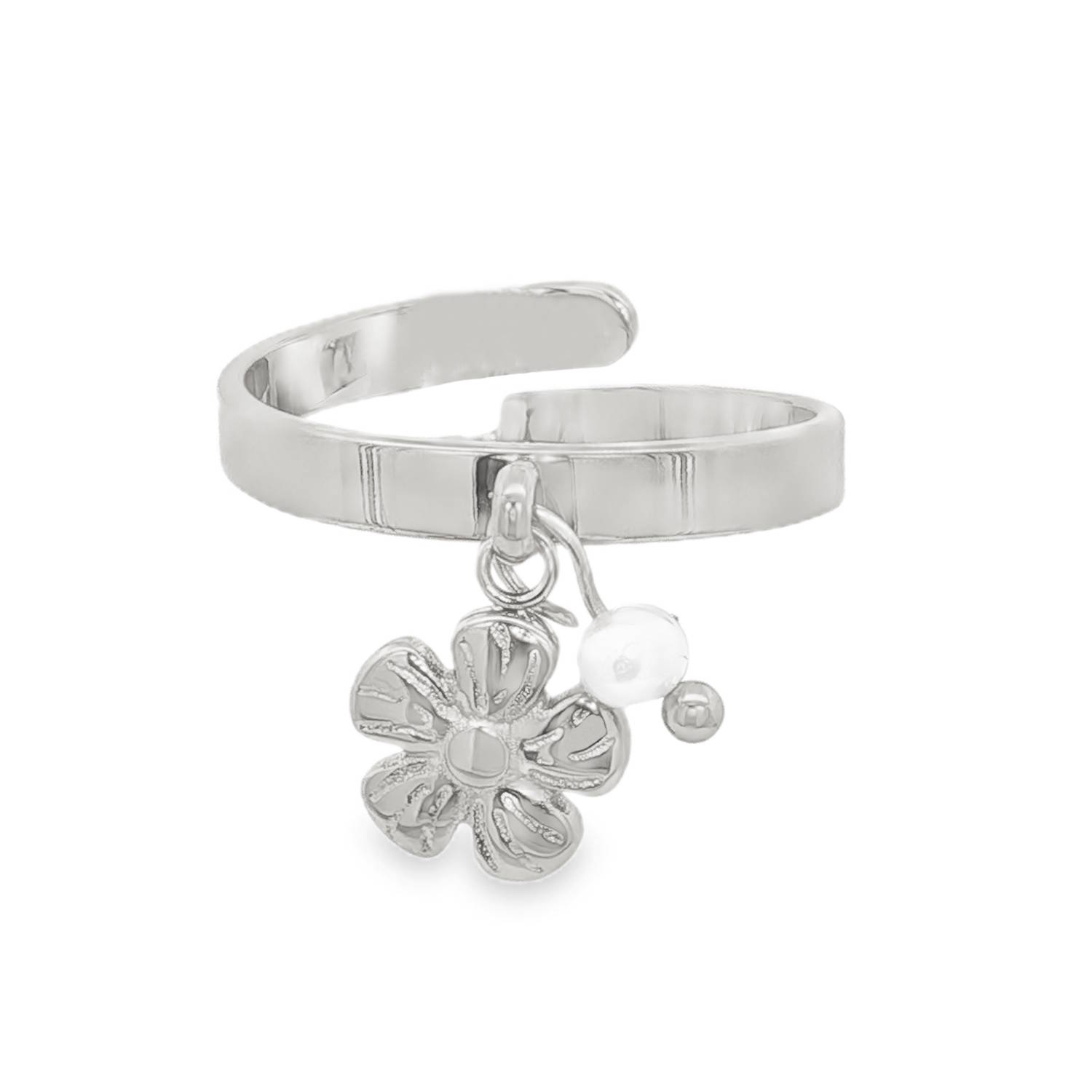 Apportez une touche de fraîcheur et de mouvement à votre main avec cette bague au design poétique. Conçue en acier inoxydable, elle allie la robustesse d’un métal moderne à la délicatesse de pampilles féminines.<br/>Une fleur ciselée aux détails texturés, captant la lumière à chaque mouvement.<br/>Une perle nacrée blanche, accompagnée d'une petite bille d'acier, pour une note de douceur classique et raffinée.<br/>Sa structure ouverte à l'arrière permet de l'ajuster facilement à la taille de votre doigt, garantissant un confort optimal tout au long de la journée. Perle Adolescent Adulte Eté Femme Fille Fleurs Nature Printemps Apportez une touche de fraîcheur et de mouvement à votre main avec cette bague au design poétique. Conçue en acier inoxydable, elle allie la robustesse d’un métal moderne à la délicatesse de pampilles féminines.<br/>Une fleur ciselée aux détails texturés, captant la lumière à chaque mouvement.<br/>Une perle nacrée blanche, accompagnée d'une petite bille d'acier, pour une note de douceur classique et raffinée.<br/>Sa structure ouverte à l'arrière permet de l'ajuster facilement à la taille de votre doigt, garantissant un confort optimal tout au long de la journée. Perle Adolescent Adulte Eté Femme Fille Fleurs Nature Printemps