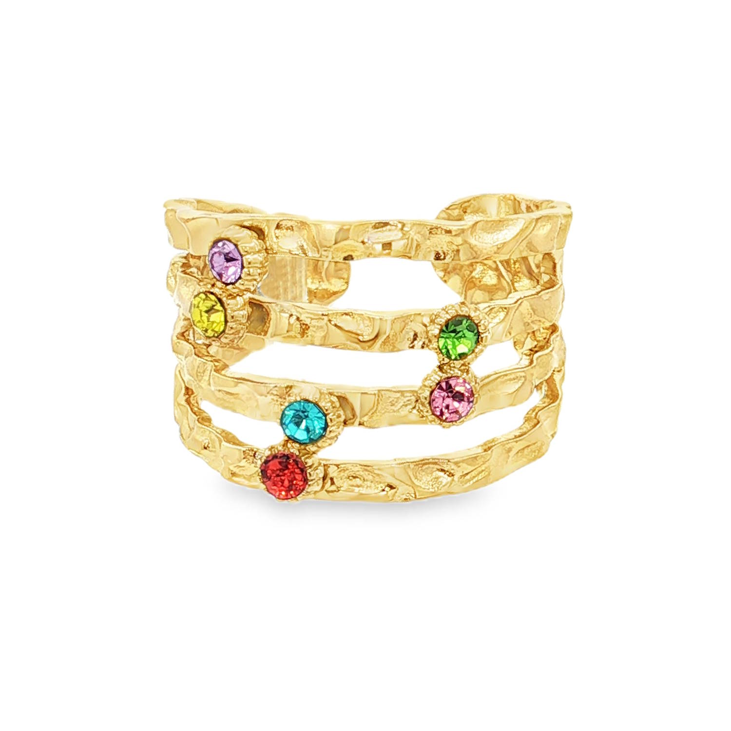 Cette bague est une pièce audacieuse qui allie un style brut et organique à une touche de fantaisie colorée.<br/>La bague se compose de quatre anneaux superposés, créant un effet de manchette large et aérée sur le doigt.<br/>La bague est ponctuée de six cristaux éclatants, sertis de manière asymétrique pour un look dynamique. Un mélange vibrant de rouge rubis, bleu turquoise, rose fuchsia, vert émeraude, jaune ambre et violet améthyste.<br/>Chaque pierre est soigneusement taillée pour capturer la lumière, contrastant avec l'aspect mat et texturé du métal doré.<br/>Sa structure ajustable à l'arrière permet de l'adapter facilement à différentes tailles de doigts tout en assurant un confort optimal. Strass Adolescent Adulte Femme Fille Indémodable Cette bague est une pièce audacieuse qui allie un style brut et organique à une touche de fantaisie colorée.<br/>La bague se compose de quatre anneaux superposés, créant un effet de manchette large et aérée sur le doigt.<br/>La bague est ponctuée de six cristaux éclatants, sertis de manière asymétrique pour un look dynamique. Un mélange vibrant de rouge rubis, bleu turquoise, rose fuchsia, vert émeraude, jaune ambre et violet améthyste.<br/>Chaque pierre est soigneusement taillée pour capturer la lumière, contrastant avec l'aspect mat et texturé du métal doré.<br/>Sa structure ajustable à l'arrière permet de l'adapter facilement à différentes tailles de doigts tout en assurant un confort optimal. Strass Adolescent Adulte Femme Fille Indémodable
