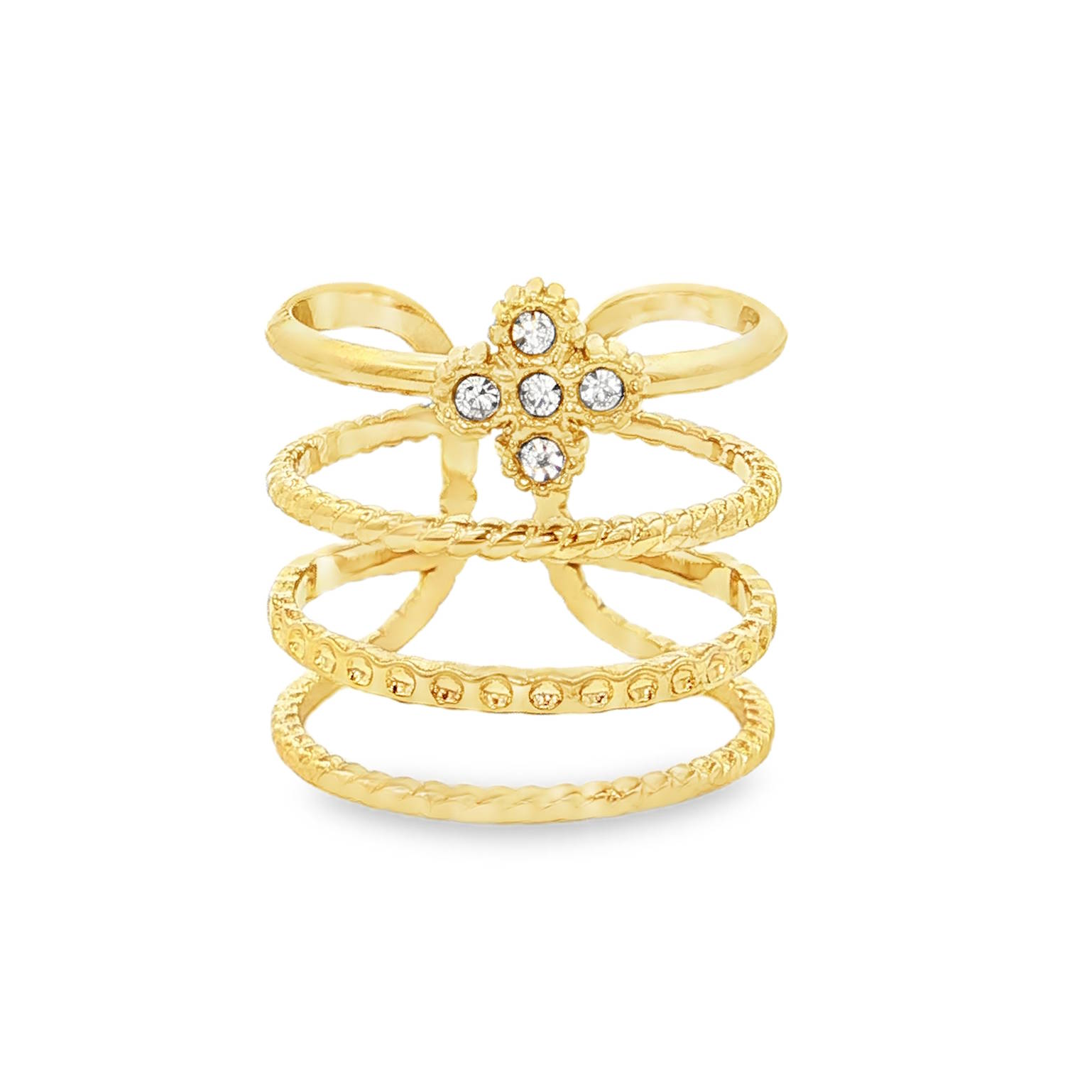 Apportez une touche d'élégance audacieuse à votre main avec cette bague multi-rangs à l'allure sophistiquée. Conçue en acier inoxydable de haute qualité, elle combine durabilité et éclat doré pour un look intemporel.<br/>Cette pièce unique se distingue par sa structure imposante composée de quatre anneaux superposés, reliés discrètement à l'arrière pour un confort optimal.<br/>L'anneau supérieur présente des courbes fluides rappelant un nœud stylisé, centré par un motif en forme de trèfle serti de cinq cristaux scintillants. Multirangs Strass Trèfle Adolescent Adulte Femme Fille Indémodable Nature Symboles Apportez une touche d'élégance audacieuse à votre main avec cette bague multi-rangs à l'allure sophistiquée. Conçue en acier inoxydable de haute qualité, elle combine durabilité et éclat doré pour un look intemporel.<br/>Cette pièce unique se distingue par sa structure imposante composée de quatre anneaux superposés, reliés discrètement à l'arrière pour un confort optimal.<br/>L'anneau supérieur présente des courbes fluides rappelant un nœud stylisé, centré par un motif en forme de trèfle serti de cinq cristaux scintillants. Multirangs Strass Trèfle Adolescent Adulte Femme Fille Indémodable Nature Symboles