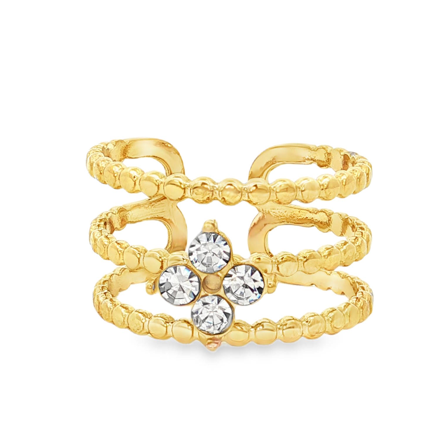 Apportez une touche d’élégance structurée à votre main avec cette bague imposante et lumineuse. Conçue en acier inoxydable de haute qualité, elle allie la robustesse d'un bijou durable à l'éclat intemporel du doré.<br/>Cette bague se compose de trois anneaux parallèles reliés entre eux, créant un effet de superposition très tendance.<br/>Chaque rang est finement travaillé avec un motif perlé, offrant un relief délicat qui accroche la lumière sous tous les angles.<br/>Le cœur de la bague est orné d'un motif en forme de trèfle à quatre feuilles, serti de cristaux blancs brillants pour une touche de glamour irrésistible. Strass Trèfle Adolescent Adulte Femme Fille Indémodable Nature Symboles Apportez une touche d’élégance structurée à votre main avec cette bague imposante et lumineuse. Conçue en acier inoxydable de haute qualité, elle allie la robustesse d'un bijou durable à l'éclat intemporel du doré.<br/>Cette bague se compose de trois anneaux parallèles reliés entre eux, créant un effet de superposition très tendance.<br/>Chaque rang est finement travaillé avec un motif perlé, offrant un relief délicat qui accroche la lumière sous tous les angles.<br/>Le cœur de la bague est orné d'un motif en forme de trèfle à quatre feuilles, serti de cristaux blancs brillants pour une touche de glamour irrésistible. Strass Trèfle Adolescent Adulte Femme Fille Indémodable Nature Symboles