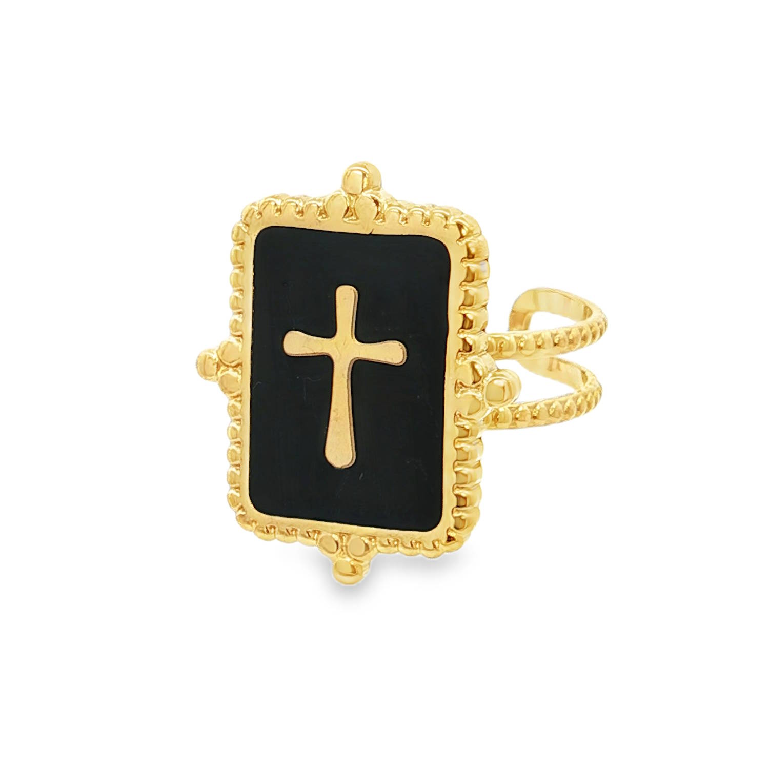 Cette bague en acier inoxydable incarne un style à la fois vintage et spirituel, mêlant des détails baroques à une esthétique moderne.<br/>La bague arbore un sceau rectangulaire imposant. Au centre, une plaque d'un noir profond sert de toile de fond à une croix latine dorée finement travaillée.<br/>Le pourtour du plateau est décoré d'une bordure perlée et ciselée, accentuée par quatre points cardinaux en relief, ce qui lui donne un aspect bijou ancien ou médaille religieuse.<br/>Sa structure ajustable (ouverte à l'arrière) permet de l'adapter facilement à toutes les morphologies de doigts. Croix Adolescent Adulte Femme Fille Indémodable Religion Symboles Cette bague en acier inoxydable incarne un style à la fois vintage et spirituel, mêlant des détails baroques à une esthétique moderne.<br/>La bague arbore un sceau rectangulaire imposant. Au centre, une plaque d'un noir profond sert de toile de fond à une croix latine dorée finement travaillée.<br/>Le pourtour du plateau est décoré d'une bordure perlée et ciselée, accentuée par quatre points cardinaux en relief, ce qui lui donne un aspect bijou ancien ou médaille religieuse.<br/>Sa structure ajustable (ouverte à l'arrière) permet de l'adapter facilement à toutes les morphologies de doigts. Croix Adolescent Adulte Femme Fille Indémodable Religion Symboles