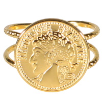 Bague composée d'une pastille au motif de pièce de monnaie avec le visage d'une imitation de Marianne et l'inscription République française en acier 316L doré. Taille ajustable.