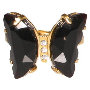 Bague en acier doré en forme de papillon sertie de 3 strass et sertie griffes de deux cristaux noirs. Taille ajustable.