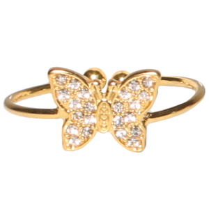 Bague en forme de papillon en acier doré pavée de strass. Taille ajustable.