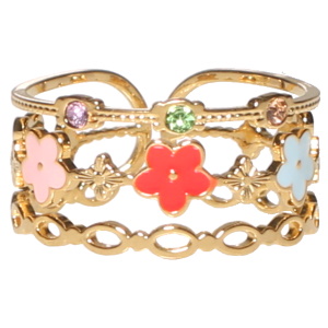 Bague triple rangs en acier doré avec des cristaux sertis clos multicolores et des fleurs pavées d'émail multicolore. Taille ajustable.