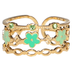 Bague triple rangs en acier doré avec des cristaux sertis clos de couleur verte et des fleurs pavées d'émail de couleur vert. Taille ajustable.