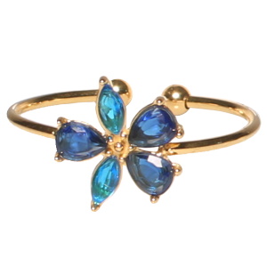 Bague en acier doré surmontée d'une fleur avec cristaux de couleur bleu. Taille ajustable.