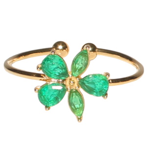 Bague en acier doré surmontée d'une fleur avec cristaux de couleur vert. Taille ajustable.