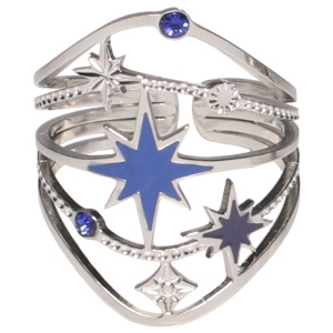 Bague multi rangs de forme ovale avec étoiles en acier argenté, étoiles pavées d'émail bleu et sertie de strass bleus. Taille ajustable.