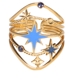 Bague multi rangs de forme ovale avec étoiles en acier doré, étoiles pavées d'émail bleu et sertie de strass bleus. Taille ajustable.