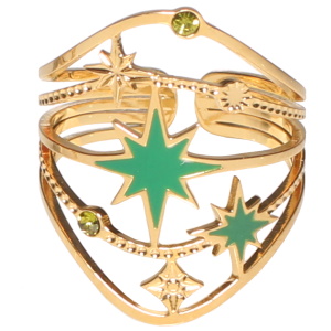 Bague multi rangs de forme ovale avec étoiles en acier doré, étoiles pavées d'émail vert et sertie de strass verts. Taille ajustable.