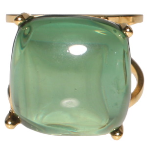 Bague en acier doré sertie griffes d'une pierre de couleur verte. Taille ajustable.