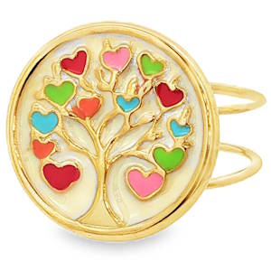 Cette magnifique bague en acier inoxydable doré allie poésie et modernité à travers un design inspiré de la nature et des sentiments. Un grand médaillon circulaire représentant un arbre de vie stylisé. Les branches de l'arbre s'épanouissent pour donner naissance à une multitude de petits cœurs en émail coloré (déclinés en nuances de rouge, rose, vert prairie, bleu turquoise et orange). Sa structure ouverte à l'arrière est idéale pour s'adapter facilement à toutes les tailles de doigt.
