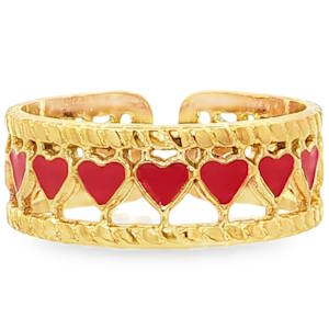 Apportez une touche à la fois romantique et résolument moderne à votre style avec cette magnifique bague bandeau ajourée. Conçue en acier inoxydable de haute qualité, elle associe la durabilité du métal à la finesse d'un design travaillé. Une frise continue de petits cœurs délicats, habillés d'un émail rouge intense qui crée un contraste saisissant avec l'éclat du métal. Sa structure ouverte à l'arrière est idéale pour s'adapter facilement à toutes les tailles de doigt.