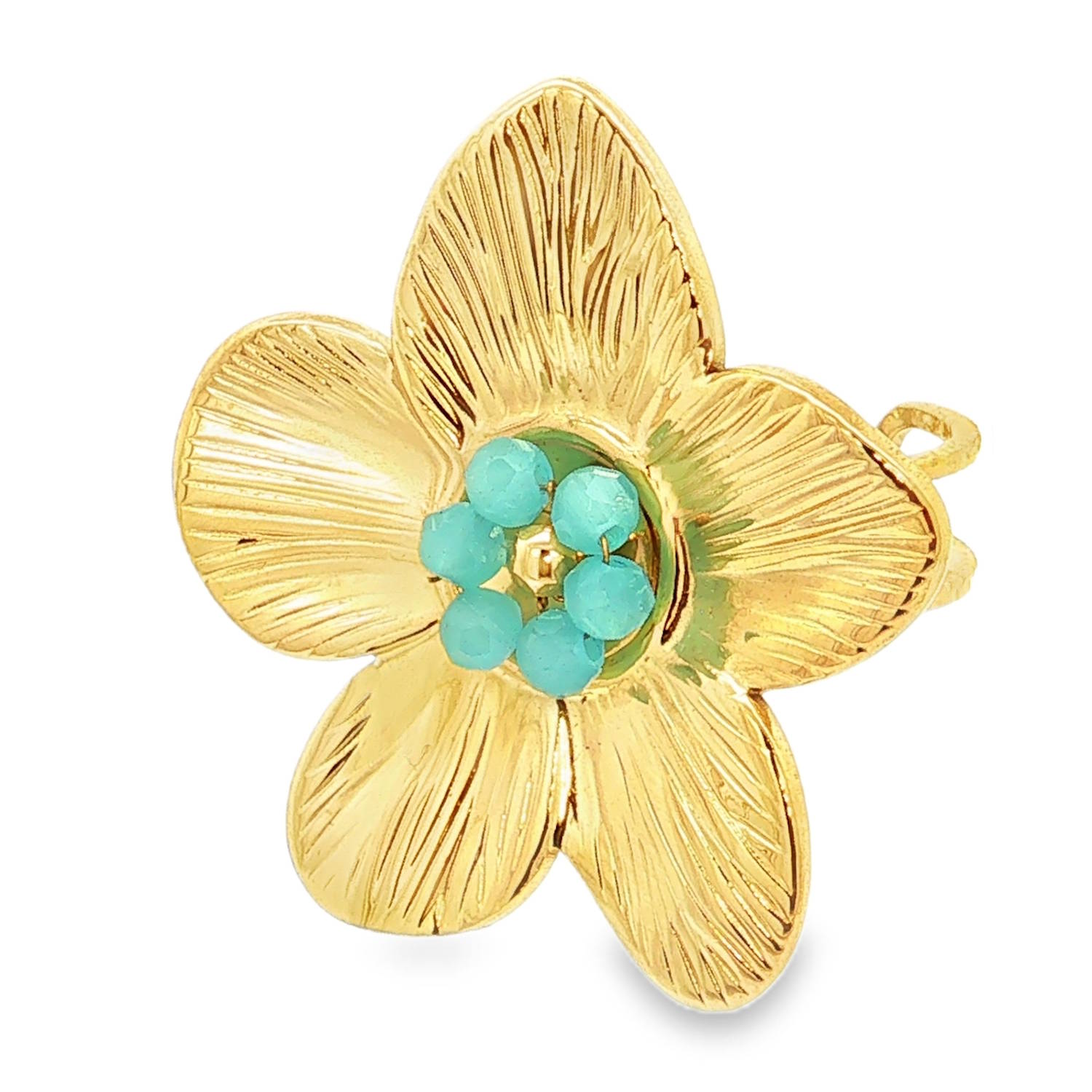 Apportez une touche de fraîcheur et de poésie à votre style avec cette magnifique bague en forme de fleur en acier doré. Conçue avec soin, elle capture la lumière pour illuminer vos tenues de tous les jours ou sublimer vos looks d'été.<br/>La bague arbore une délicate fleur à cinq pétales. Chaque pétale présente une texture striée minutieuse, offrant un relief unique et un effet rayonnant.<br/>Le centre de la fleur est orné d'une couronne de petites perles d'un bleu turquoise éclatant, entourant un pistil doré. Ce contraste de couleurs apporte une note bohème-chic irrésistible.<br/>La bague dispose d'un corps ajustable (ouvert à l'arrière), permettant de l'adapter parfaitement à toutes les morphologies de doigts. Perle Adolescent Adulte Eté Femme Fille Fleurs Nature Printemps Apportez une touche de fraîcheur et de poésie à votre style avec cette magnifique bague en forme de fleur en acier doré. Conçue avec soin, elle capture la lumière pour illuminer vos tenues de tous les jours ou sublimer vos looks d'été.<br/>La bague arbore une délicate fleur à cinq pétales. Chaque pétale présente une texture striée minutieuse, offrant un relief unique et un effet rayonnant.<br/>Le centre de la fleur est orné d'une couronne de petites perles d'un bleu turquoise éclatant, entourant un pistil doré. Ce contraste de couleurs apporte une note bohème-chic irrésistible.<br/>La bague dispose d'un corps ajustable (ouvert à l'arrière), permettant de l'adapter parfaitement à toutes les morphologies de doigts. Perle Adolescent Adulte Eté Femme Fille Fleurs Nature Printemps