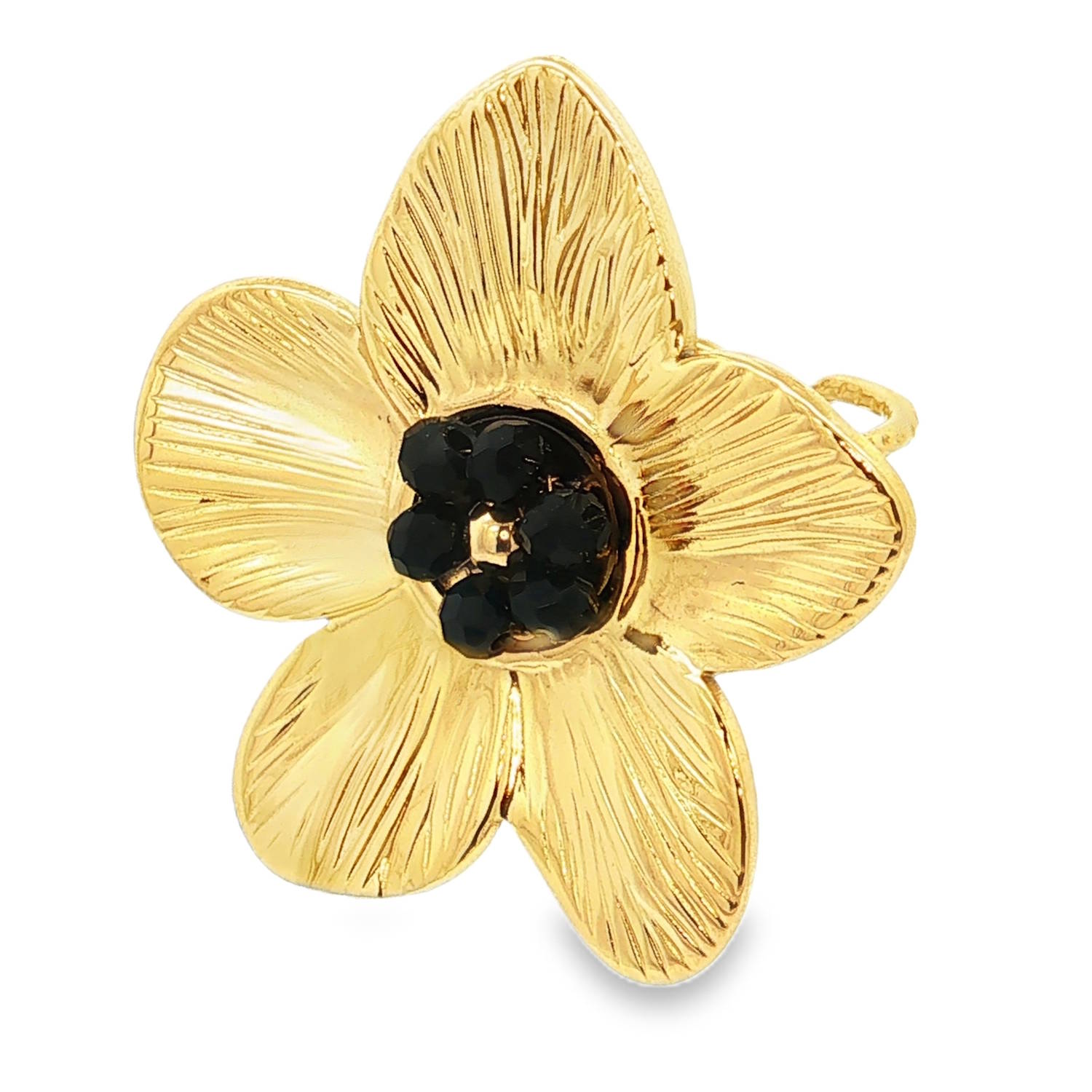 Apportez une touche de fraîcheur et de poésie à votre style avec cette magnifique bague en forme de fleur en acier doré. Conçue avec soin, elle capture la lumière pour illuminer vos tenues de tous les jours ou sublimer vos looks d'été.<br/>La bague arbore une délicate fleur à cinq pétales. Chaque pétale présente une texture striée minutieuse, offrant un relief unique et un effet rayonnant.<br/>Le centre de la bague est orné d'un cœur contrasté en perles d'un noir profond et brillant, disposés en grappe. En son centre exact se trouve un petit pistil doré qui rappelle la couleur des pétales.<br/>La bague dispose d'un corps ajustable (ouvert à l'arrière), permettant de l'adapter parfaitement à toutes les morphologies de doigts. Perle Adolescent Adulte Eté Femme Fille Fleurs Nature Printemps Apportez une touche de fraîcheur et de poésie à votre style avec cette magnifique bague en forme de fleur en acier doré. Conçue avec soin, elle capture la lumière pour illuminer vos tenues de tous les jours ou sublimer vos looks d'été.<br/>La bague arbore une délicate fleur à cinq pétales. Chaque pétale présente une texture striée minutieuse, offrant un relief unique et un effet rayonnant.<br/>Le centre de la bague est orné d'un cœur contrasté en perles d'un noir profond et brillant, disposés en grappe. En son centre exact se trouve un petit pistil doré qui rappelle la couleur des pétales.<br/>La bague dispose d'un corps ajustable (ouvert à l'arrière), permettant de l'adapter parfaitement à toutes les morphologies de doigts. Perle Adolescent Adulte Eté Femme Fille Fleurs Nature Printemps