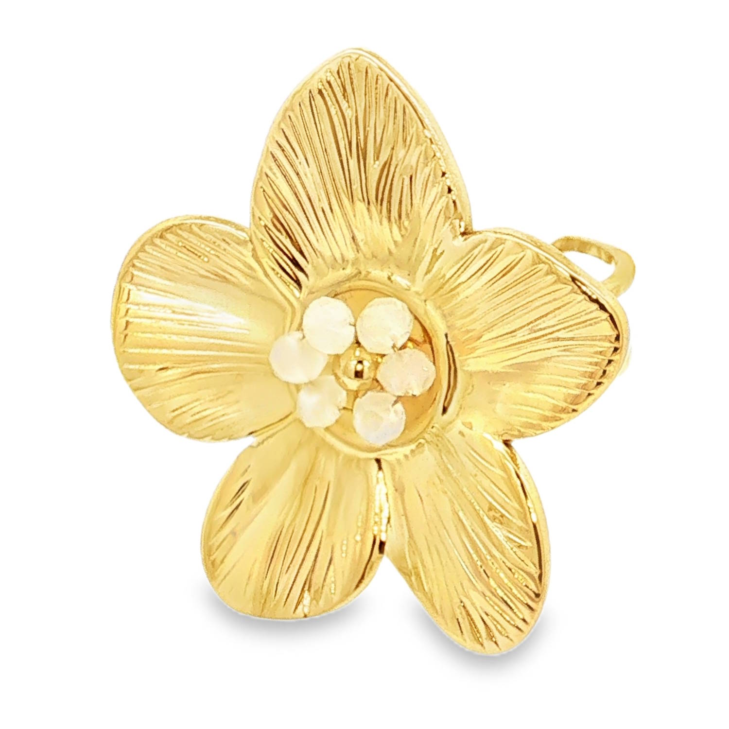Apportez une touche de fraîcheur et de poésie à votre style avec cette magnifique bague en forme de fleur en acier doré. Conçue avec soin, elle capture la lumière pour illuminer vos tenues de tous les jours ou sublimer vos looks d'été.<br/>La bague arbore une délicate fleur à cinq pétales. Chaque pétale présente une texture striée minutieuse, offrant un relief unique et un effet rayonnant.<br/>Le centre de la fleur est délicatement orné de petites perles blanches nacrées disposées en corolle autour d'un pistil doré, apportant une touche de douceur et de contraste.<br/>La bague dispose d'un corps ajustable (ouvert à l'arrière), permettant de l'adapter parfaitement à toutes les morphologies de doigts. Perle Adolescent Adulte Eté Femme Fille Fleurs Nature Printemps Apportez une touche de fraîcheur et de poésie à votre style avec cette magnifique bague en forme de fleur en acier doré. Conçue avec soin, elle capture la lumière pour illuminer vos tenues de tous les jours ou sublimer vos looks d'été.<br/>La bague arbore une délicate fleur à cinq pétales. Chaque pétale présente une texture striée minutieuse, offrant un relief unique et un effet rayonnant.<br/>Le centre de la fleur est délicatement orné de petites perles blanches nacrées disposées en corolle autour d'un pistil doré, apportant une touche de douceur et de contraste.<br/>La bague dispose d'un corps ajustable (ouvert à l'arrière), permettant de l'adapter parfaitement à toutes les morphologies de doigts. Perle Adolescent Adulte Eté Femme Fille Fleurs Nature Printemps