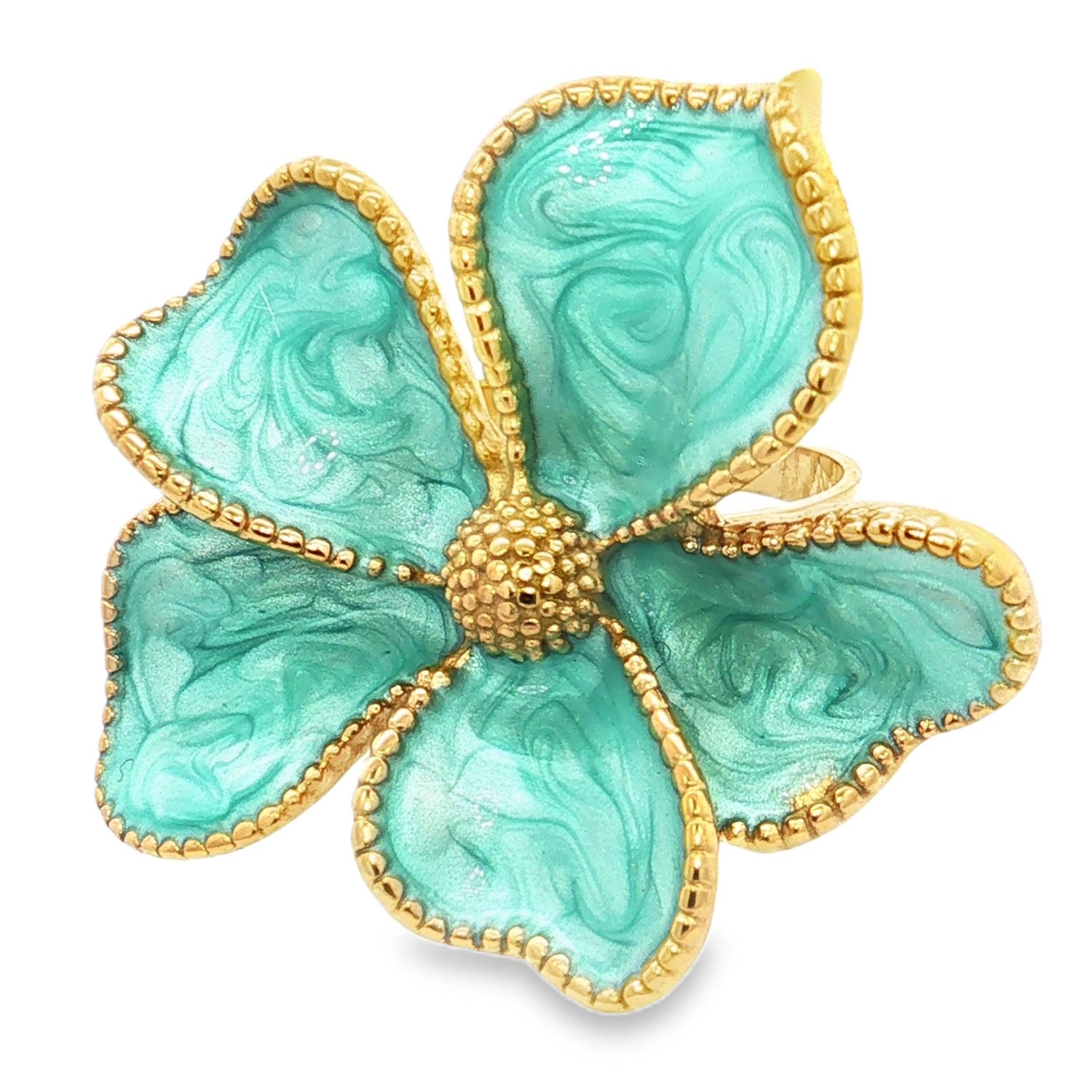 Apportez une touche de fraîcheur printanière et de sophistication à votre style avec cette magnifique bague cocktail en forme de fleur. Un bijou audacieux et poétique qui ne manquera pas d'attirer tous les regards.<br/>Chaque pétale est sublimé par un émail de couleur turquoise/vert menthe. Les nuances subtiles et l'effet marbré rappellent le mouvement de l'eau ou la délicatesse des vagues, donnant une texture unique au bijou.<br/>La bague dispose d'un corps ajustable (ouvert à l'arrière), permettant de l'adapter parfaitement à toutes les morphologies de doigts. Adolescent Adulte Eté Femme Fille Fleurs Nature Printemps Apportez une touche de fraîcheur printanière et de sophistication à votre style avec cette magnifique bague cocktail en forme de fleur. Un bijou audacieux et poétique qui ne manquera pas d'attirer tous les regards.<br/>Chaque pétale est sublimé par un émail de couleur turquoise/vert menthe. Les nuances subtiles et l'effet marbré rappellent le mouvement de l'eau ou la délicatesse des vagues, donnant une texture unique au bijou.<br/>La bague dispose d'un corps ajustable (ouvert à l'arrière), permettant de l'adapter parfaitement à toutes les morphologies de doigts. Adolescent Adulte Eté Femme Fille Fleurs Nature Printemps