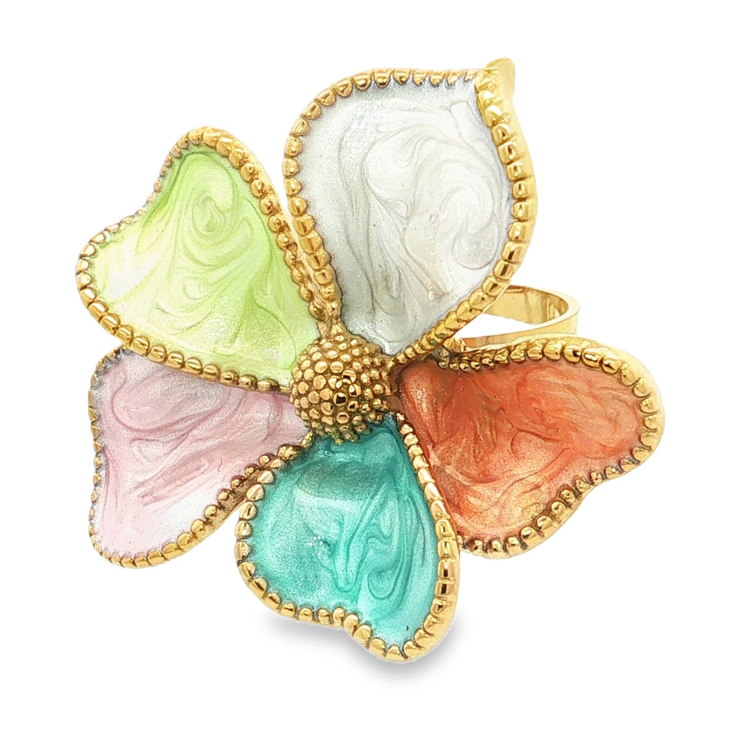 Apportez une touche de fraîcheur printanière et de sophistication à votre style avec cette magnifique bague cocktail en forme de fleur. Un bijou audacieux et poétique qui ne manquera pas d'attirer tous les regards.<br/>Chaque pétale est habillé d'un émail délicat aux reflets nacrés et marbrés. La palette de couleurs pastel comprend un blanc nacré lumineux, un vert lime tendre, un rose poudré délicat, un bleu turquoise vibrant et un orange corail chaleureux.<br/>La bague dispose d'un corps ajustable (ouvert à l'arrière), permettant de l'adapter parfaitement à toutes les morphologies de doigts. Adolescent Adulte Eté Femme Fille Fleurs Nature Printemps Apportez une touche de fraîcheur printanière et de sophistication à votre style avec cette magnifique bague cocktail en forme de fleur. Un bijou audacieux et poétique qui ne manquera pas d'attirer tous les regards.<br/>Chaque pétale est habillé d'un émail délicat aux reflets nacrés et marbrés. La palette de couleurs pastel comprend un blanc nacré lumineux, un vert lime tendre, un rose poudré délicat, un bleu turquoise vibrant et un orange corail chaleureux.<br/>La bague dispose d'un corps ajustable (ouvert à l'arrière), permettant de l'adapter parfaitement à toutes les morphologies de doigts. Adolescent Adulte Eté Femme Fille Fleurs Nature Printemps