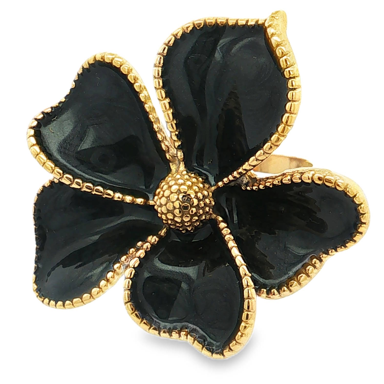 Apportez une touche de fraîcheur printanière et de sophistication à votre style avec cette magnifique bague cocktail en forme de fleur. Un bijou audacieux et poétique qui ne manquera pas d'attirer tous les regards.<br/>Chaque pétale est habillé d'un émail noir intense à la finition brillante et laquée, offrant un relief profond et captivant.<br/>La bague dispose d'un corps ajustable (ouvert à l'arrière), permettant de l'adapter parfaitement à toutes les morphologies de doigts. Adolescent Adulte Eté Femme Fille Fleurs Nature Printemps Apportez une touche de fraîcheur printanière et de sophistication à votre style avec cette magnifique bague cocktail en forme de fleur. Un bijou audacieux et poétique qui ne manquera pas d'attirer tous les regards.<br/>Chaque pétale est habillé d'un émail noir intense à la finition brillante et laquée, offrant un relief profond et captivant.<br/>La bague dispose d'un corps ajustable (ouvert à l'arrière), permettant de l'adapter parfaitement à toutes les morphologies de doigts. Adolescent Adulte Eté Femme Fille Fleurs Nature Printemps