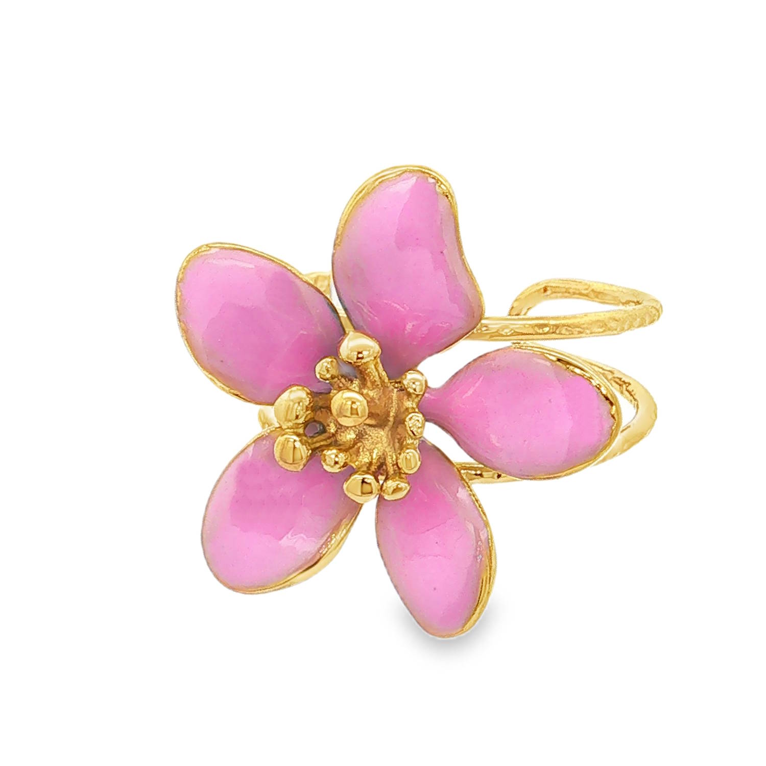 Apportez une touche de fraîcheur et de poésie à votre style avec cette magnifique bague ajustable en forme de fleur en acier doré. Conçue avec soin, elle associe l'éclat chaleureux d'une finition dorée à la douceur de l'émail pour un rendu à la fois romantique et résolument moderne.<br/>Les pétales sont recouverts d'un émail rose violet brillant aux nuances subtiles, qui capture magnifiquement la lumière.<br/>Le cœur de la fleur est joliment texturé avec des pistils dorés en relief, captant magnifiquement la lumière.<br/>La bague dispose d'un corps ajustable (ouvert à l'arrière), permettant de l'adapter parfaitement à toutes les morphologies de doigts. Adolescent Adulte Eté Femme Fille Fleurs Nature Printemps Apportez une touche de fraîcheur et de poésie à votre style avec cette magnifique bague ajustable en forme de fleur en acier doré. Conçue avec soin, elle associe l'éclat chaleureux d'une finition dorée à la douceur de l'émail pour un rendu à la fois romantique et résolument moderne.<br/>Les pétales sont recouverts d'un émail rose violet brillant aux nuances subtiles, qui capture magnifiquement la lumière.<br/>Le cœur de la fleur est joliment texturé avec des pistils dorés en relief, captant magnifiquement la lumière.<br/>La bague dispose d'un corps ajustable (ouvert à l'arrière), permettant de l'adapter parfaitement à toutes les morphologies de doigts. Adolescent Adulte Eté Femme Fille Fleurs Nature Printemps