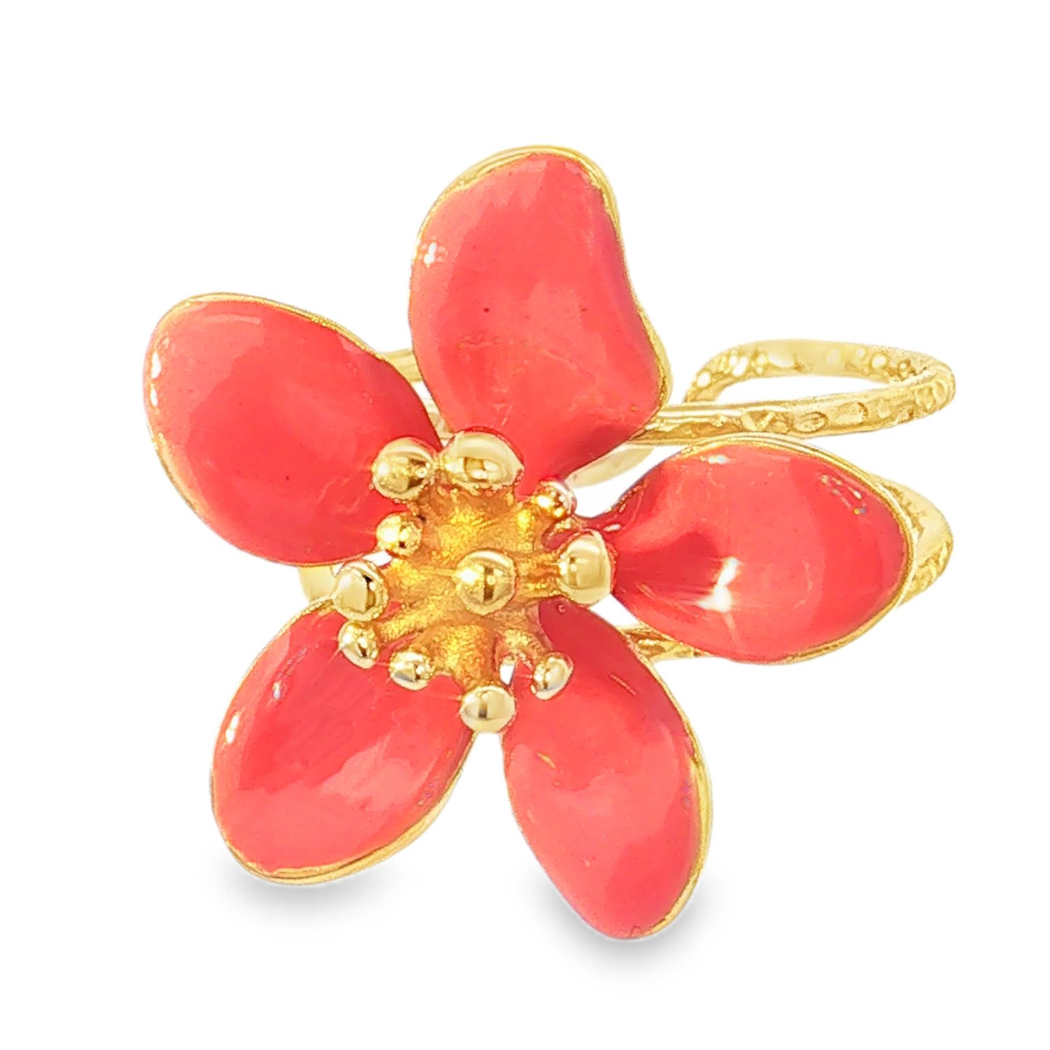 Apportez une touche de fraîcheur et de poésie à votre style avec cette magnifique bague ajustable en forme de fleur en acier doré. Conçue avec soin, elle associe l'éclat chaleureux d'une finition dorée à la douceur de l'émail pour un rendu à la fois romantique et résolument moderne.<br/>Les pétales sont recouverts d'un émail d'un rouge lumineux et vibrant. Cette finition apporte une touche de couleur pop et estivale qui capte immédiatement le regard.<br/>Le cœur de la fleur est joliment texturé avec des pistils dorés en relief, captant magnifiquement la lumière.<br/>La bague dispose d'un corps ajustable (ouvert à l'arrière), permettant de l'adapter parfaitement à toutes les morphologies de doigts. Adolescent Adulte Eté Femme Fille Fleurs Nature Printemps Apportez une touche de fraîcheur et de poésie à votre style avec cette magnifique bague ajustable en forme de fleur en acier doré. Conçue avec soin, elle associe l'éclat chaleureux d'une finition dorée à la douceur de l'émail pour un rendu à la fois romantique et résolument moderne.<br/>Les pétales sont recouverts d'un émail d'un rouge lumineux et vibrant. Cette finition apporte une touche de couleur pop et estivale qui capte immédiatement le regard.<br/>Le cœur de la fleur est joliment texturé avec des pistils dorés en relief, captant magnifiquement la lumière.<br/>La bague dispose d'un corps ajustable (ouvert à l'arrière), permettant de l'adapter parfaitement à toutes les morphologies de doigts. Adolescent Adulte Eté Femme Fille Fleurs Nature Printemps