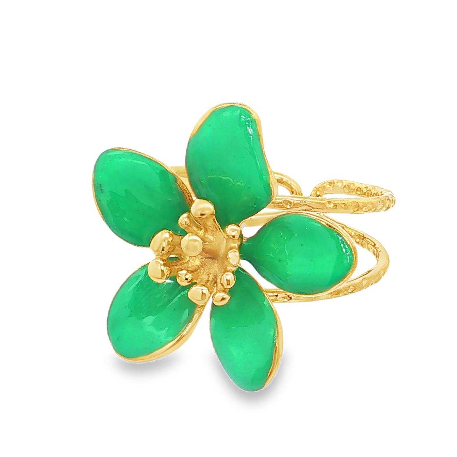 Apportez une touche de fraîcheur et de poésie à votre style avec cette magnifique bague ajustable en forme de fleur en acier doré. Conçue avec soin, elle associe l'éclat chaleureux d'une finition dorée à la douceur de l'émail pour un rendu à la fois romantique et résolument moderne.<br/>Les pétales sont recouverts d'un émail vert vif à la finition brillante et lisse, apportant une superbe note de couleur.<br/>Le cœur de la fleur est joliment texturé avec des pistils dorés en relief, captant magnifiquement la lumière.<br/>La bague dispose d'un corps ajustable (ouvert à l'arrière), permettant de l'adapter parfaitement à toutes les morphologies de doigts. Adolescent Adulte Eté Femme Fille Fleurs Nature Printemps Apportez une touche de fraîcheur et de poésie à votre style avec cette magnifique bague ajustable en forme de fleur en acier doré. Conçue avec soin, elle associe l'éclat chaleureux d'une finition dorée à la douceur de l'émail pour un rendu à la fois romantique et résolument moderne.<br/>Les pétales sont recouverts d'un émail vert vif à la finition brillante et lisse, apportant une superbe note de couleur.<br/>Le cœur de la fleur est joliment texturé avec des pistils dorés en relief, captant magnifiquement la lumière.<br/>La bague dispose d'un corps ajustable (ouvert à l'arrière), permettant de l'adapter parfaitement à toutes les morphologies de doigts. Adolescent Adulte Eté Femme Fille Fleurs Nature Printemps