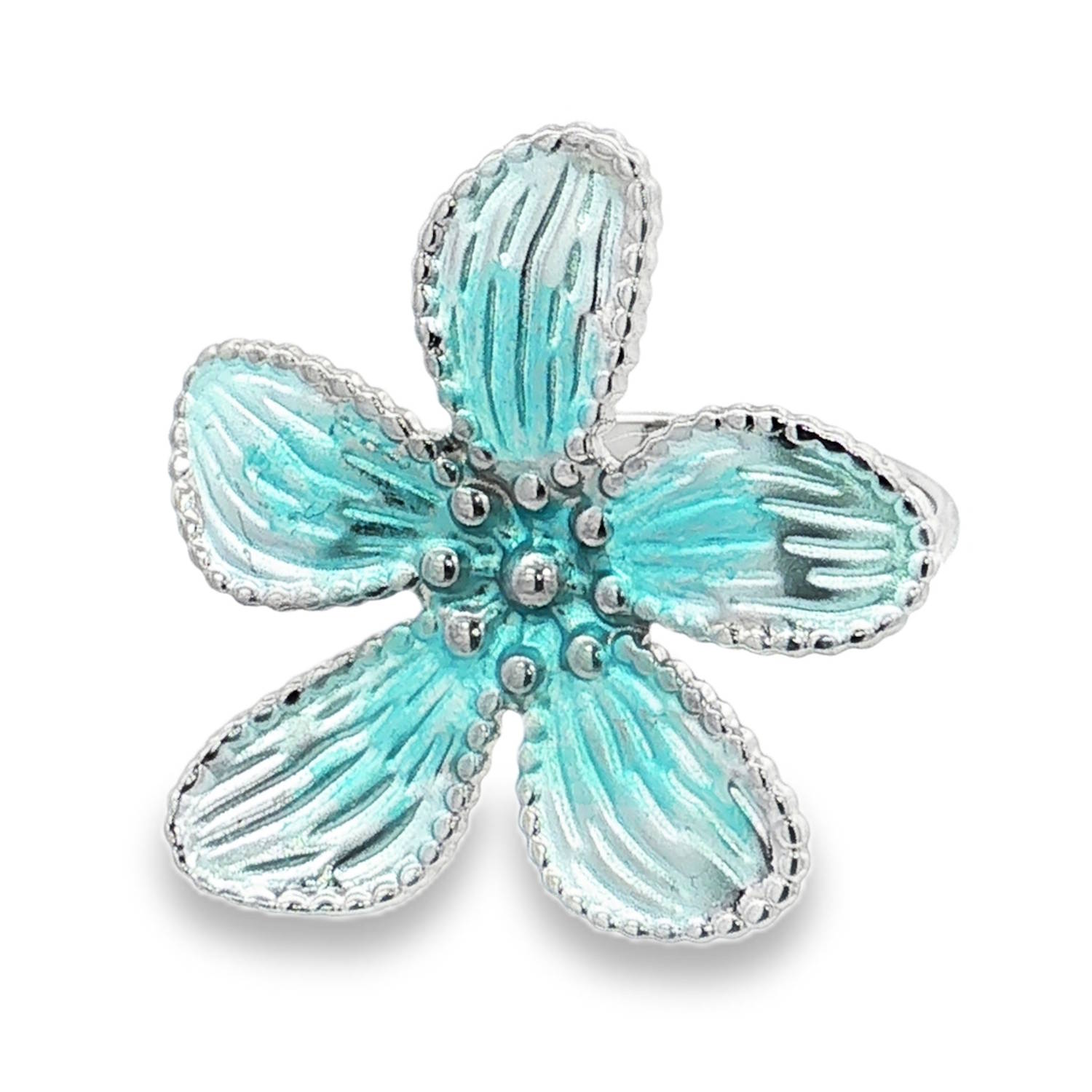 Apportez une touche de fraîcheur et de poésie à votre style avec cette superbe bague en forme de fleur. Alliant la robustesse de l'acier à la délicatesse de l'émail, ce bijou captivera tous les regards.<br/>La bague arbore une fleur épanouie à 5 pétales, finement travaillée. Chaque pétale est gravé de légères stries qui apportent du relief et une texture réaliste.<br/>Le cœur et les pétales sont recouverts d'un émail bleu turquoise/aqua, offrant de magnifiques nuances de couleur et un éclat vitreux unique sous la lumière.<br/>La bague dispose d'un corps ajustable (ouvert à l'arrière), permettant de l'adapter parfaitement à toutes les morphologies de doigts. Adolescent Adulte Eté Femme Fille Fleurs Nature Printemps Apportez une touche de fraîcheur et de poésie à votre style avec cette superbe bague en forme de fleur. Alliant la robustesse de l'acier à la délicatesse de l'émail, ce bijou captivera tous les regards.<br/>La bague arbore une fleur épanouie à 5 pétales, finement travaillée. Chaque pétale est gravé de légères stries qui apportent du relief et une texture réaliste.<br/>Le cœur et les pétales sont recouverts d'un émail bleu turquoise/aqua, offrant de magnifiques nuances de couleur et un éclat vitreux unique sous la lumière.<br/>La bague dispose d'un corps ajustable (ouvert à l'arrière), permettant de l'adapter parfaitement à toutes les morphologies de doigts. Adolescent Adulte Eté Femme Fille Fleurs Nature Printemps
