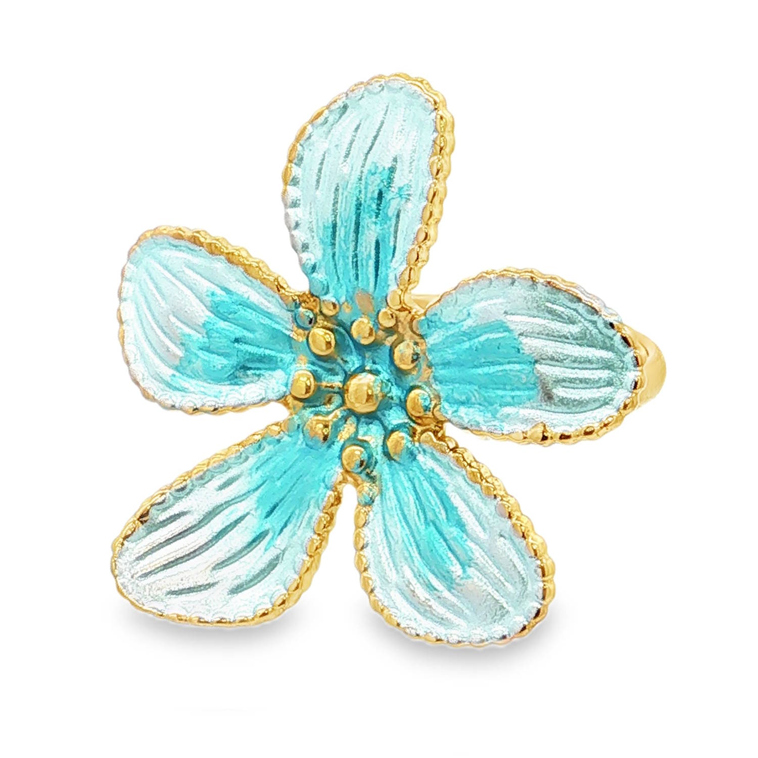 Apportez une touche de fraîcheur et de poésie à votre style avec cette superbe bague en forme de fleur. Alliant la robustesse de l'acier à la délicatesse de l'émail, ce bijou captivera tous les regards.<br/>La bague arbore une fleur épanouie à 5 pétales, finement travaillée. Chaque pétale est gravé de légères stries qui apportent du relief et une texture réaliste.<br/>Les pétales sont ornés d'un émail de couleur bleu turquoise et blanc nacré, appliqué de manière à créer des nuances et des reflets texturés, semblables à de véritables coups de pinceau artistiques.<br/>La bague dispose d'un corps ajustable (ouvert à l'arrière), permettant de l'adapter parfaitement à toutes les morphologies de doigts. Adolescent Adulte Eté Femme Fille Fleurs Nature Printemps Apportez une touche de fraîcheur et de poésie à votre style avec cette superbe bague en forme de fleur. Alliant la robustesse de l'acier à la délicatesse de l'émail, ce bijou captivera tous les regards.<br/>La bague arbore une fleur épanouie à 5 pétales, finement travaillée. Chaque pétale est gravé de légères stries qui apportent du relief et une texture réaliste.<br/>Les pétales sont ornés d'un émail de couleur bleu turquoise et blanc nacré, appliqué de manière à créer des nuances et des reflets texturés, semblables à de véritables coups de pinceau artistiques.<br/>La bague dispose d'un corps ajustable (ouvert à l'arrière), permettant de l'adapter parfaitement à toutes les morphologies de doigts. Adolescent Adulte Eté Femme Fille Fleurs Nature Printemps