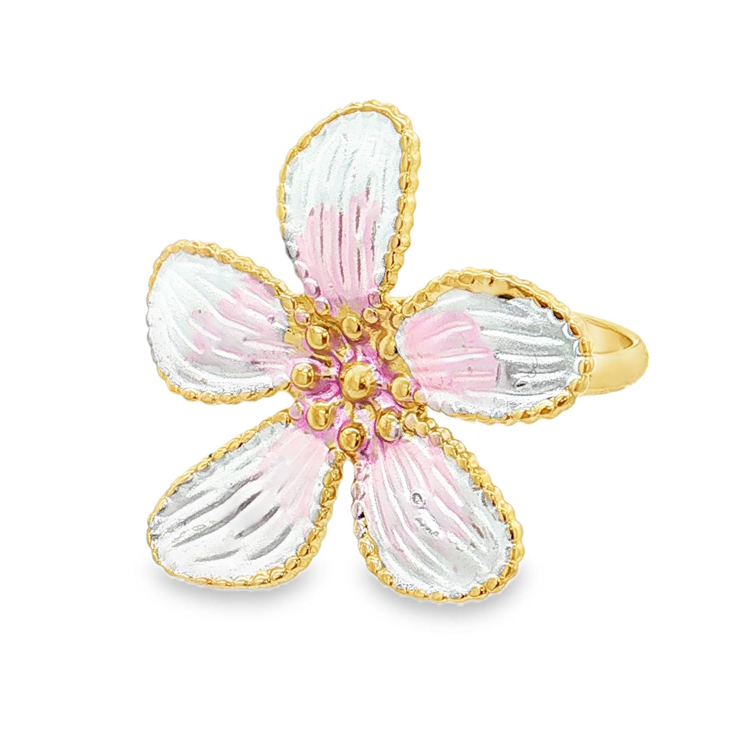 Apportez une touche de fraîcheur et de poésie à votre style avec cette superbe bague en forme de fleur. Alliant la robustesse de l'acier à la délicatesse de l'émail, ce bijou captivera tous les regards.<br/>La bague arbore une fleur épanouie à 5 pétales, finement travaillée. Chaque pétale est gravé de légères stries qui apportent du relief et une texture réaliste.<br/>Les pétales sont recouverts d'un émail blanc et rose appliqué avec un effet dégradé. Les reflets et les rainures sous l'émail créent un jeu de lumière qui donne du mouvement et de la texture aux pétales.<br/>La bague dispose d'un corps ajustable (ouvert à l'arrière), permettant de l'adapter parfaitement à toutes les morphologies de doigts. Adolescent Adulte Eté Femme Fille Fleurs Nature Printemps Apportez une touche de fraîcheur et de poésie à votre style avec cette superbe bague en forme de fleur. Alliant la robustesse de l'acier à la délicatesse de l'émail, ce bijou captivera tous les regards.<br/>La bague arbore une fleur épanouie à 5 pétales, finement travaillée. Chaque pétale est gravé de légères stries qui apportent du relief et une texture réaliste.<br/>Les pétales sont recouverts d'un émail blanc et rose appliqué avec un effet dégradé. Les reflets et les rainures sous l'émail créent un jeu de lumière qui donne du mouvement et de la texture aux pétales.<br/>La bague dispose d'un corps ajustable (ouvert à l'arrière), permettant de l'adapter parfaitement à toutes les morphologies de doigts. Adolescent Adulte Eté Femme Fille Fleurs Nature Printemps