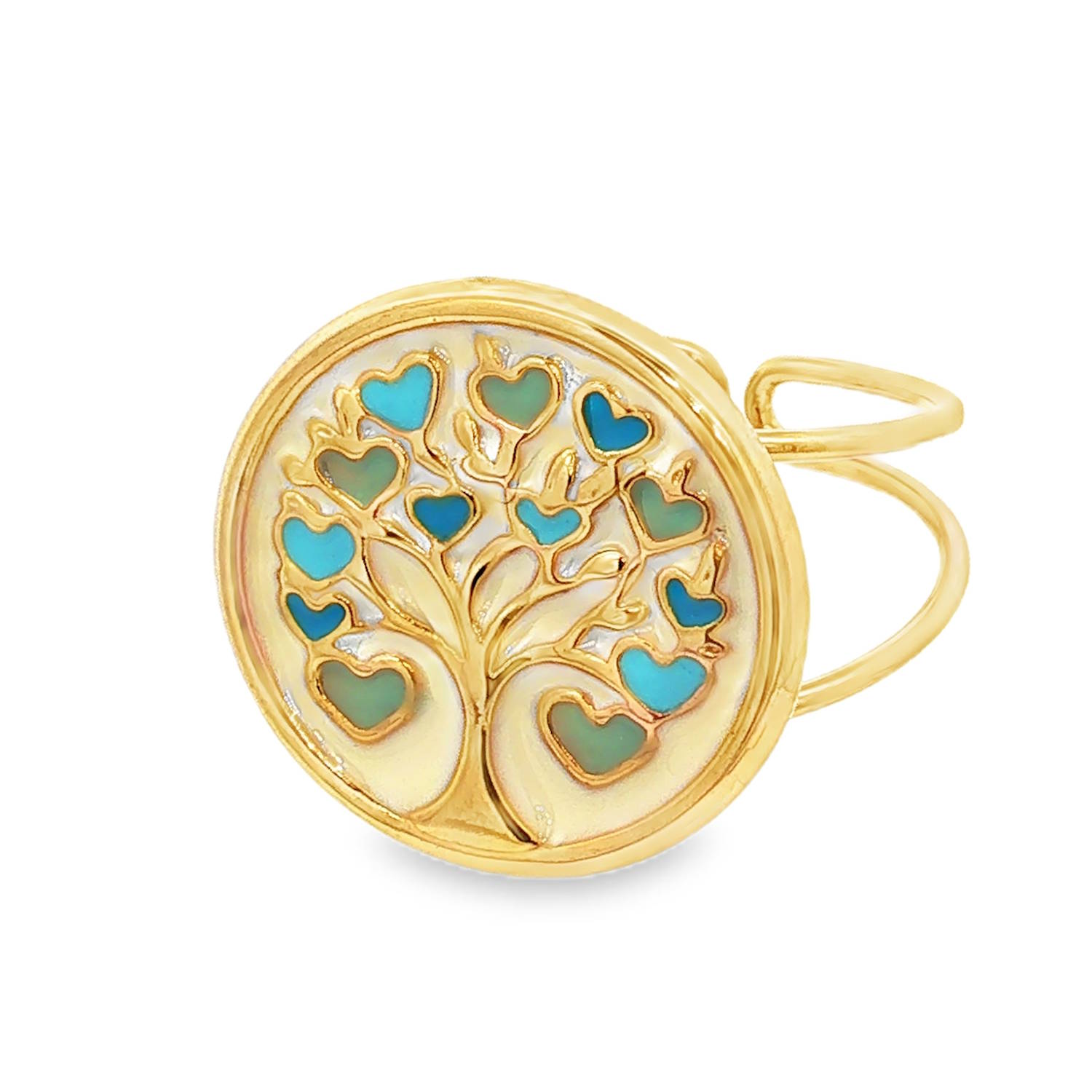 Cette magnifique bague en acier inoxydable doré allie poésie et modernité à travers un design inspiré de la nature et des sentiments.<br/>Le centre de la bague est orné d’un large médaillon circulaire texturé, mettant en scène un Arbre de Vie délicatement ciselé. Symbole d'épanouissement, de force et de liens éternels, ses branches se déploient pour former de petits cœurs précieux.<br/>Chaque petit cœur est sublimé par un travail d'émail minutieux, décliné dans un camaïeu de bleus et de verts.<br/>Sa structure ouverte à l'arrière est idéale pour s'adapter facilement à toutes les tailles de doigt. Arbre Coeur Rond Adolescent Adulte Amour Eté Femme Fille Nature Printemps Symboles Cette magnifique bague en acier inoxydable doré allie poésie et modernité à travers un design inspiré de la nature et des sentiments.<br/>Le centre de la bague est orné d’un large médaillon circulaire texturé, mettant en scène un Arbre de Vie délicatement ciselé. Symbole d'épanouissement, de force et de liens éternels, ses branches se déploient pour former de petits cœurs précieux.<br/>Chaque petit cœur est sublimé par un travail d'émail minutieux, décliné dans un camaïeu de bleus et de verts.<br/>Sa structure ouverte à l'arrière est idéale pour s'adapter facilement à toutes les tailles de doigt. Arbre Coeur Rond Adolescent Adulte Amour Eté Femme Fille Nature Printemps Symboles