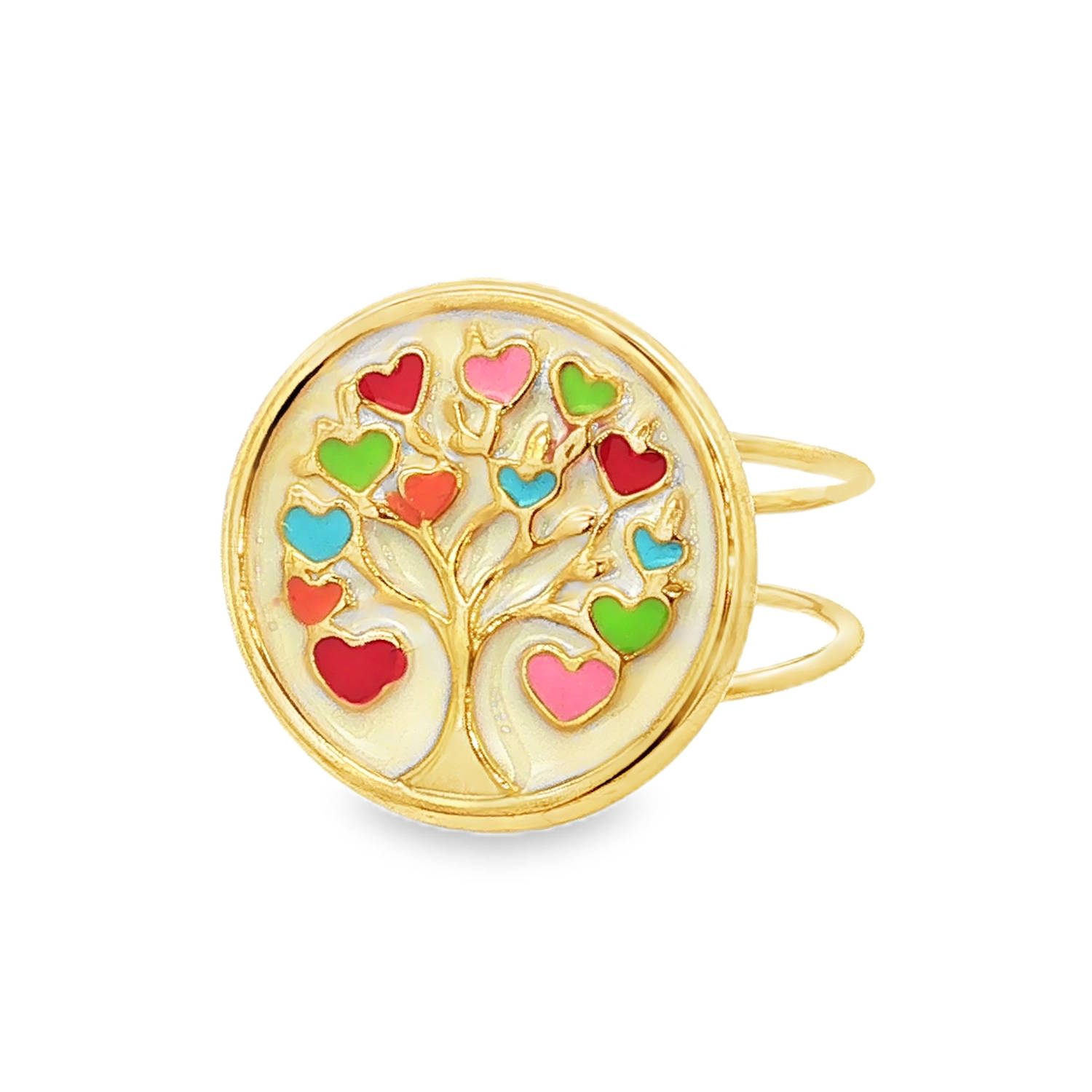 Cette magnifique bague en acier inoxydable doré allie poésie et modernité à travers un design inspiré de la nature et des sentiments.<br/>Un grand médaillon circulaire représentant un arbre de vie stylisé. Les branches de l'arbre s'épanouissent pour donner naissance à une multitude de petits cœurs en émail coloré (déclinés en nuances de rouge, rose, vert prairie, bleu turquoise et orange).<br/>Sa structure ouverte à l'arrière est idéale pour s'adapter facilement à toutes les tailles de doigt. Arbre Coeur Rond Adolescent Adulte Amour Eté Femme Fille Nature Printemps Symboles Cette magnifique bague en acier inoxydable doré allie poésie et modernité à travers un design inspiré de la nature et des sentiments.<br/>Un grand médaillon circulaire représentant un arbre de vie stylisé. Les branches de l'arbre s'épanouissent pour donner naissance à une multitude de petits cœurs en émail coloré (déclinés en nuances de rouge, rose, vert prairie, bleu turquoise et orange).<br/>Sa structure ouverte à l'arrière est idéale pour s'adapter facilement à toutes les tailles de doigt. Arbre Coeur Rond Adolescent Adulte Amour Eté Femme Fille Nature Printemps Symboles